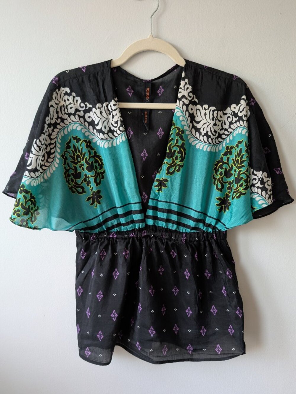 Renee C Black Turquoise Silk Cotton Kimono Sleeve Blouse Top Made USA